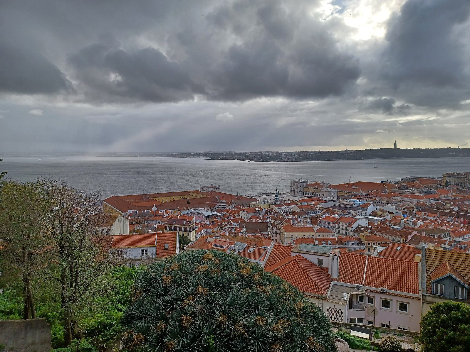 A view from a castle height over red roofs to a wide estuary under a cloudy sky.