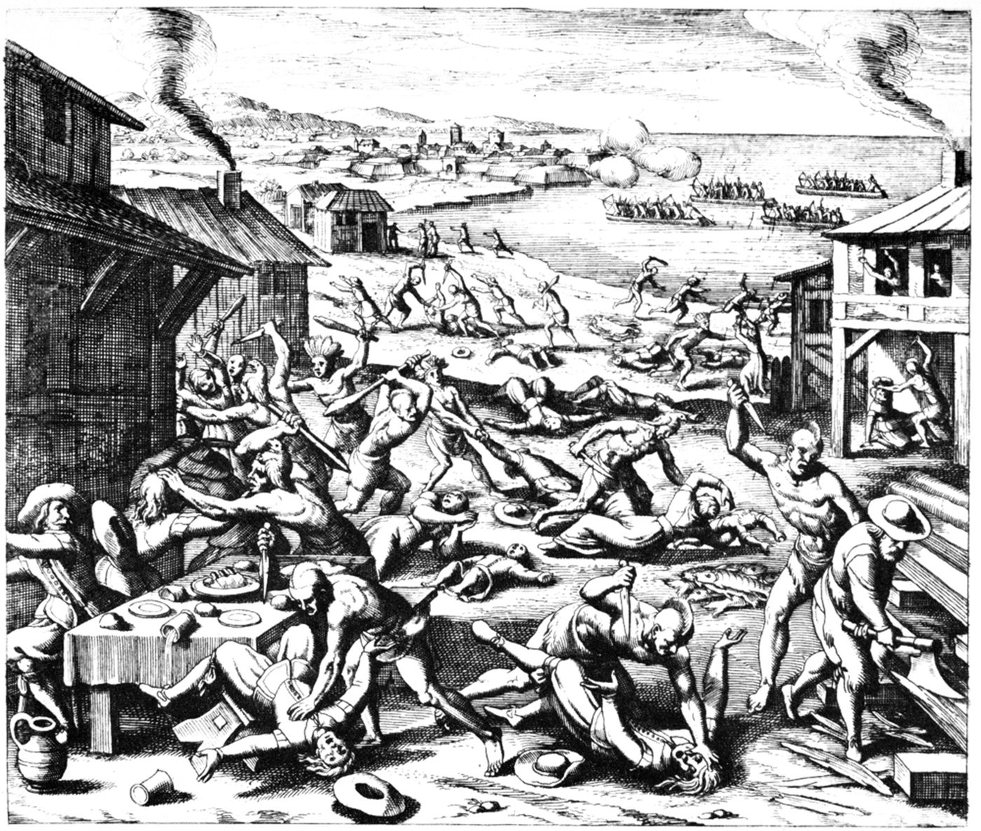 An engraving of warriors attacking colonists inside and around their houses, a table overturned in the foreground.