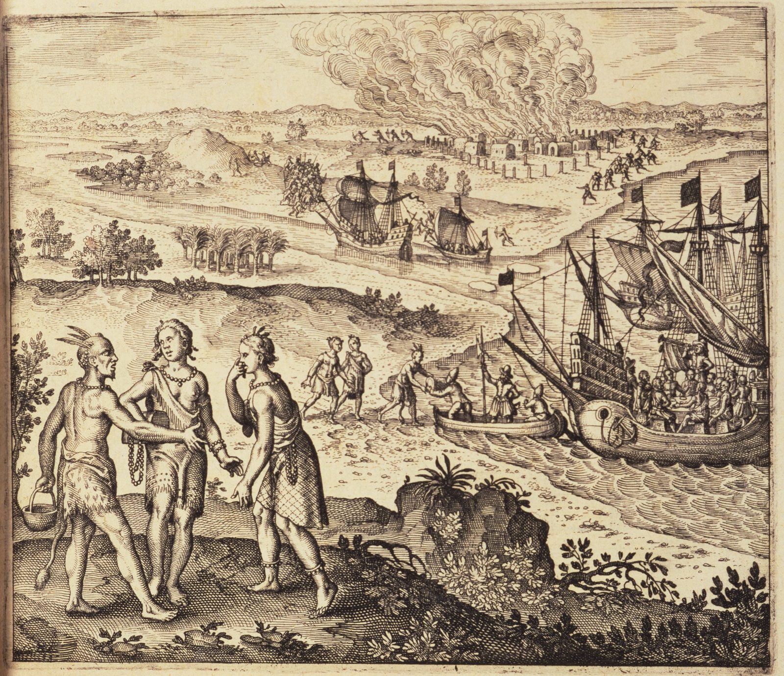 An engraving of three Indian figures on a shore in the foreground, ships and boats offshore and a burning town behind.
