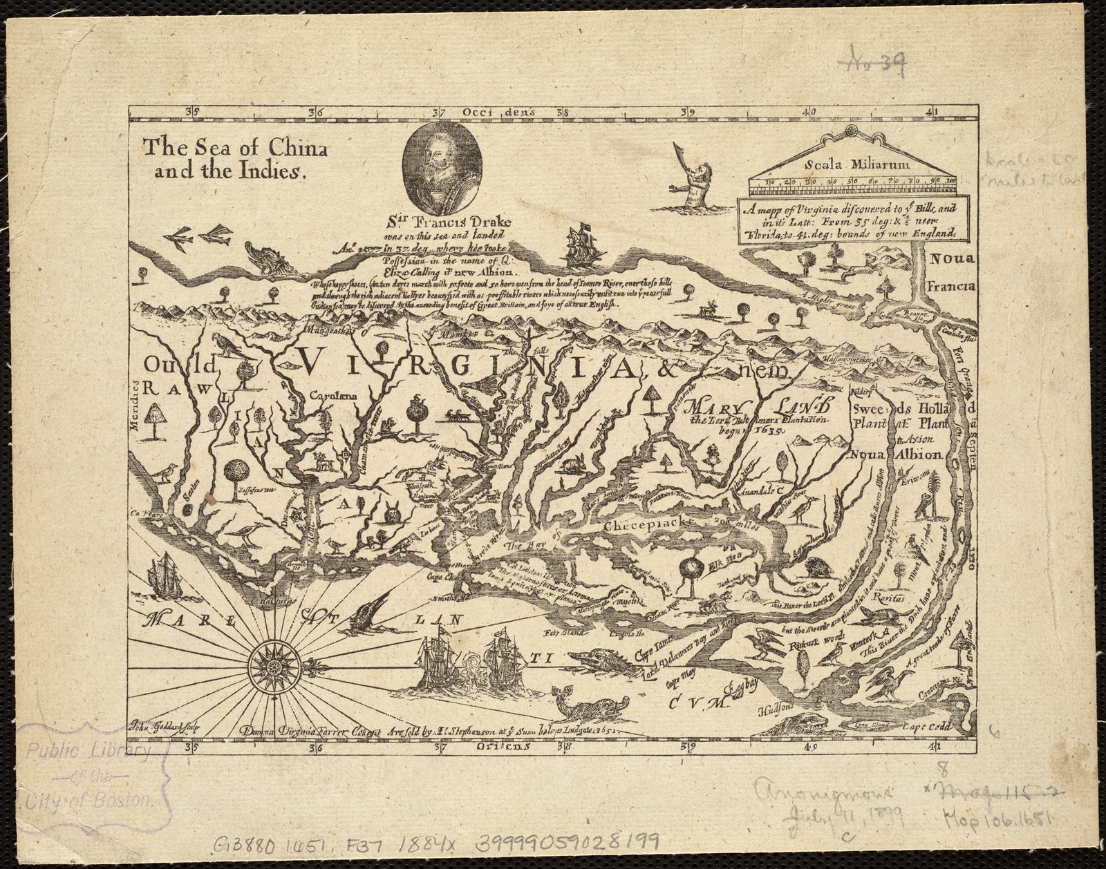 An engraved map of Virginia with rivers running inland from the coast, a portrait medallion and a sea marked to the west.