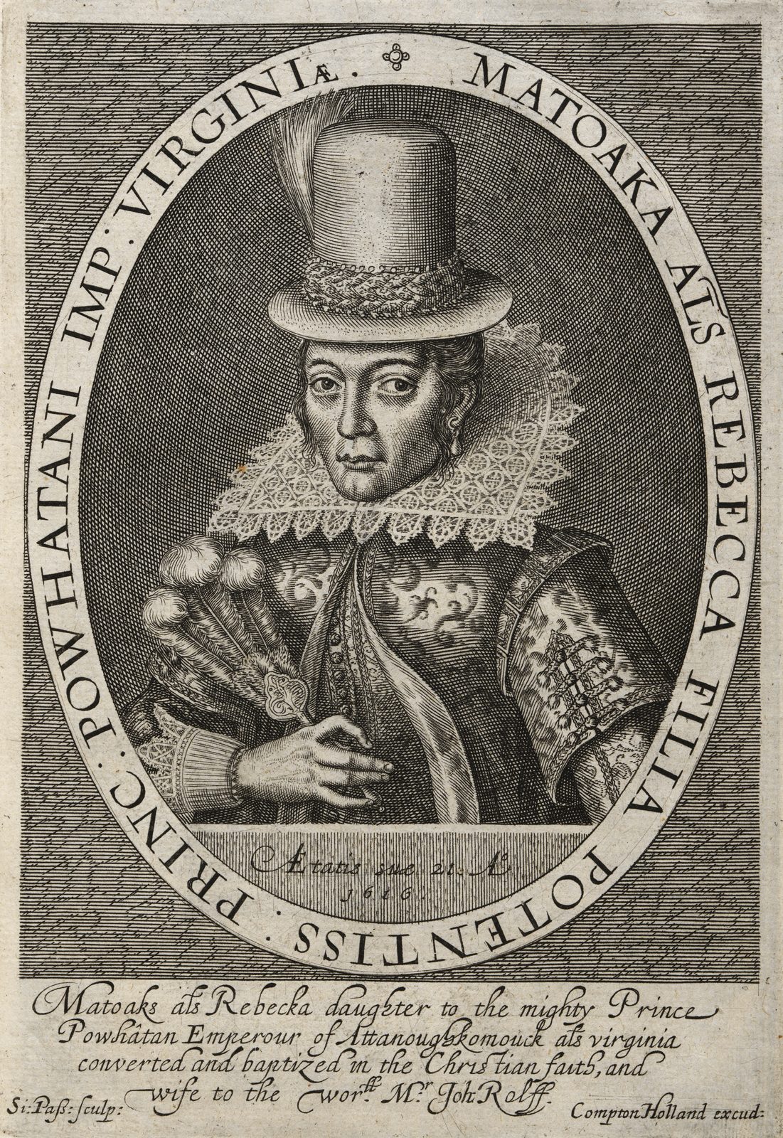 An engraved oval portrait of a young woman in a tall hat, a lace ruff and an embroidered jacket, holding a feather fan.
