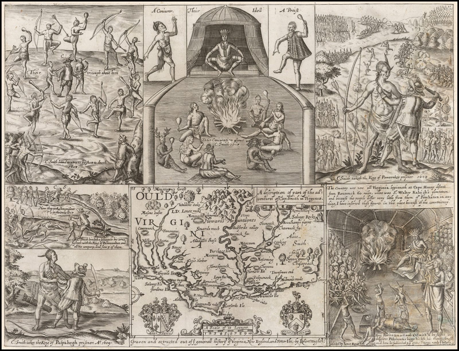 An engraved sheet of small scenes around a map, among them a chief seated by a fire under an arched house and a captive held down over stones.