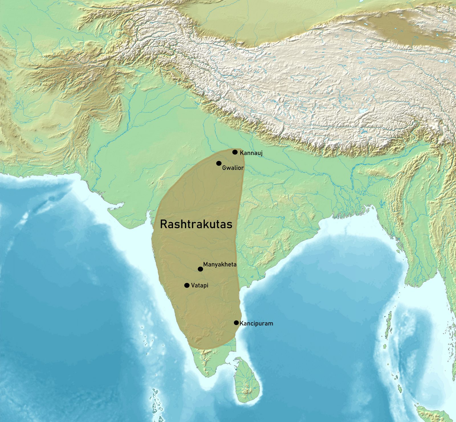 A relief map shading most of the Deccan and the south, with Manyakheta and Ellora marked.