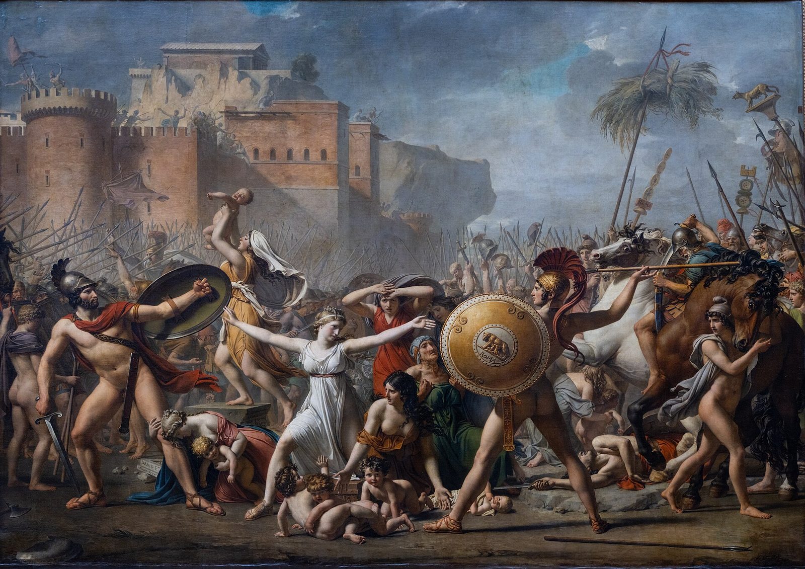 A large painting of a battle halted: armed men with shields and spears pressing in from both sides, and between them a woman in white with arms flung wide, children on the ground at her feet.