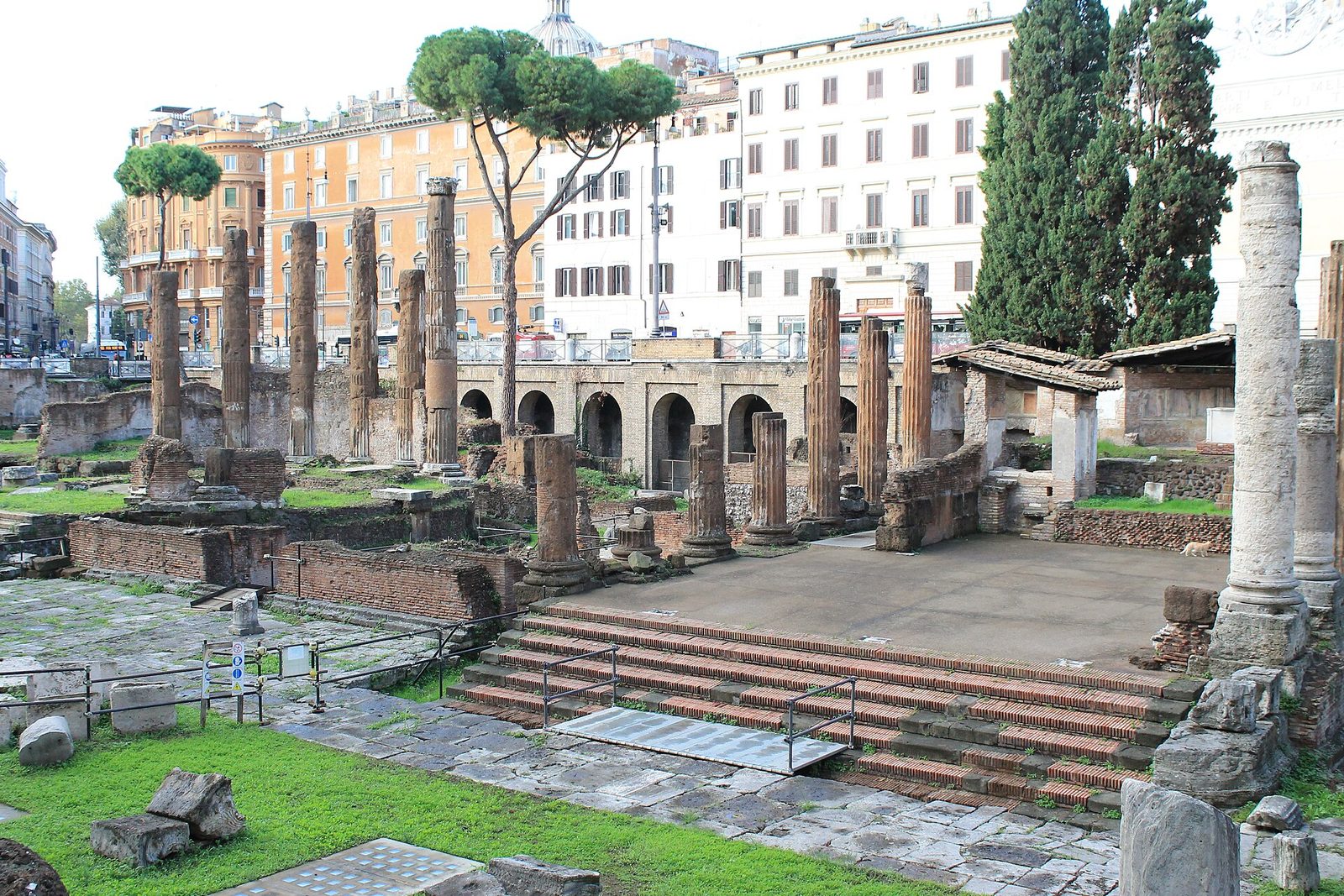 A sunken archaeological precinct below modern street level, holding the stepped podiums and column stumps of several temples side by side, with city buildings around the rim.