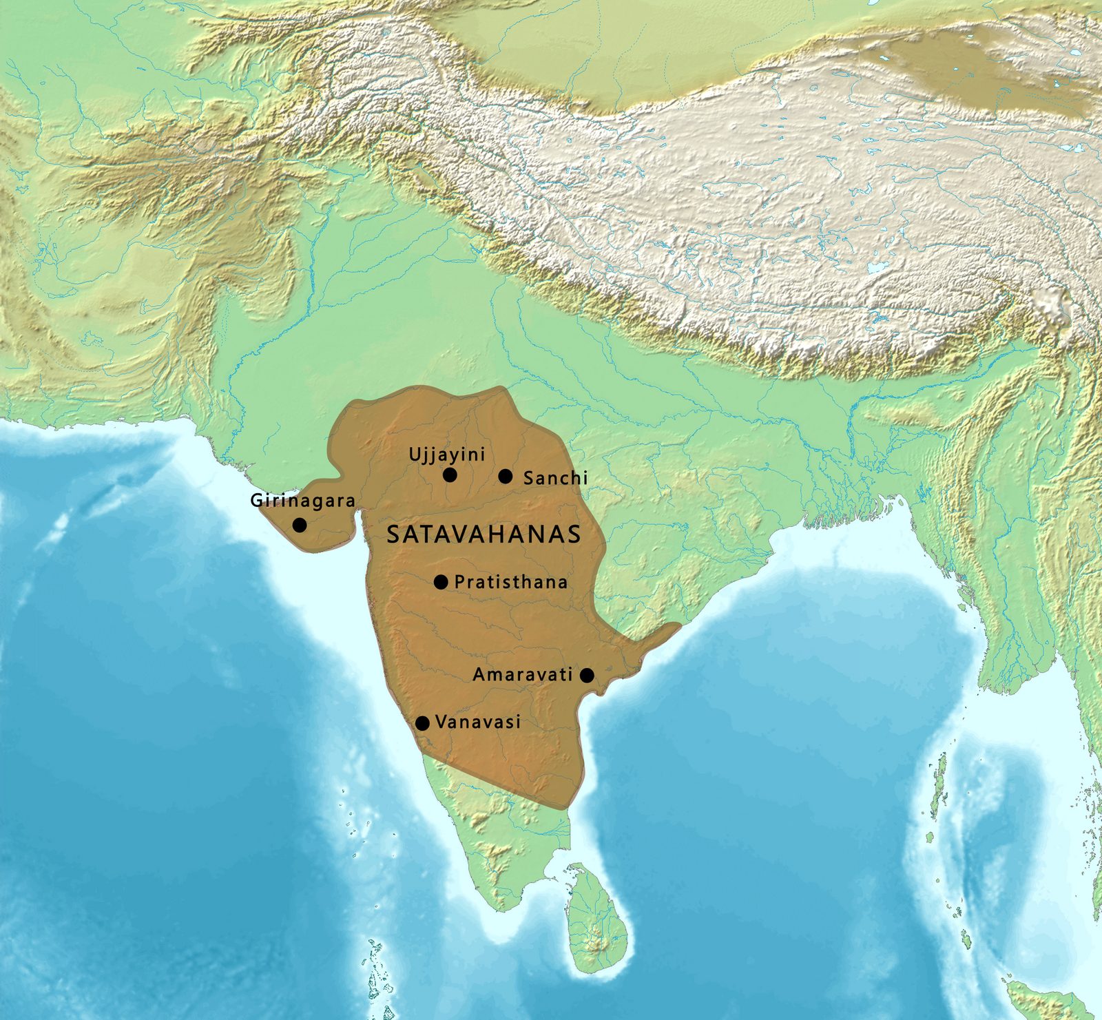 A relief map shading the Deccan from coast to coast, with Pratisthana, Amaravati and Ujjayini marked.
