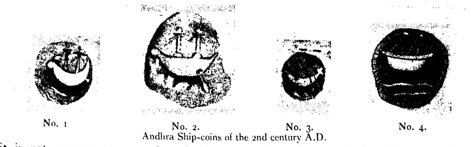 A printed plate of four small coins, each showing a ship.