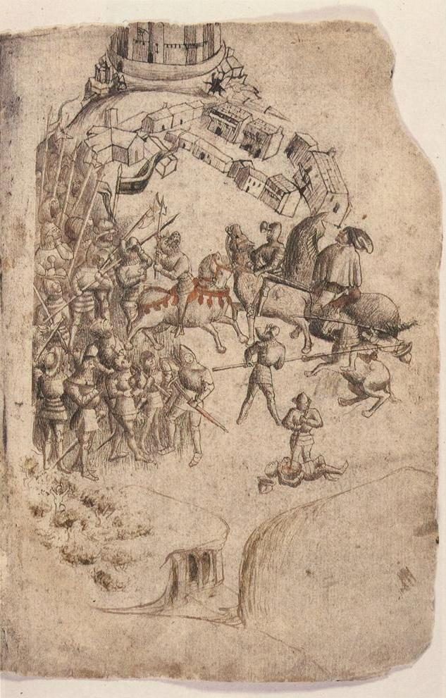 A faded pen drawing of mounted knights and footmen in close combat beneath a castle.