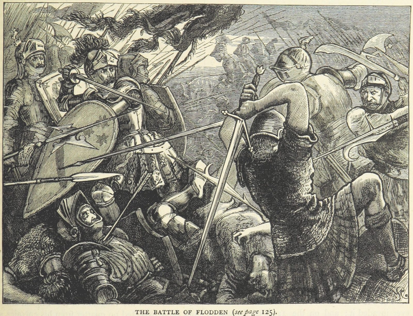 A crowded engraving of soldiers fighting hand to hand with spears, bills and swords.