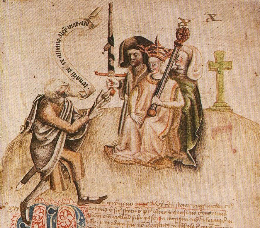 A manuscript drawing of a young king enthroned on a mound, a bearded man kneeling before him and reciting.