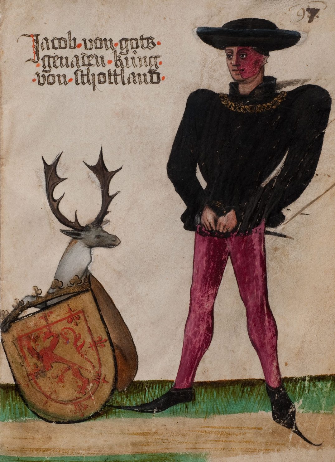 A pen and watercolour drawing of a standing man in black, his face marked red, beside a shield of arms.