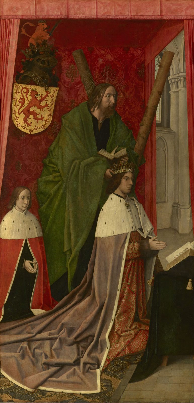 An altarpiece panel of a kneeling king in an ermine-trimmed robe, a boy behind him and a standing saint holding a cross.