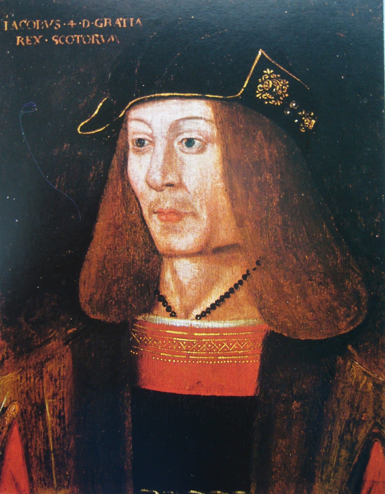 A portrait of a young man with long auburn hair in a black cap and red doublet.