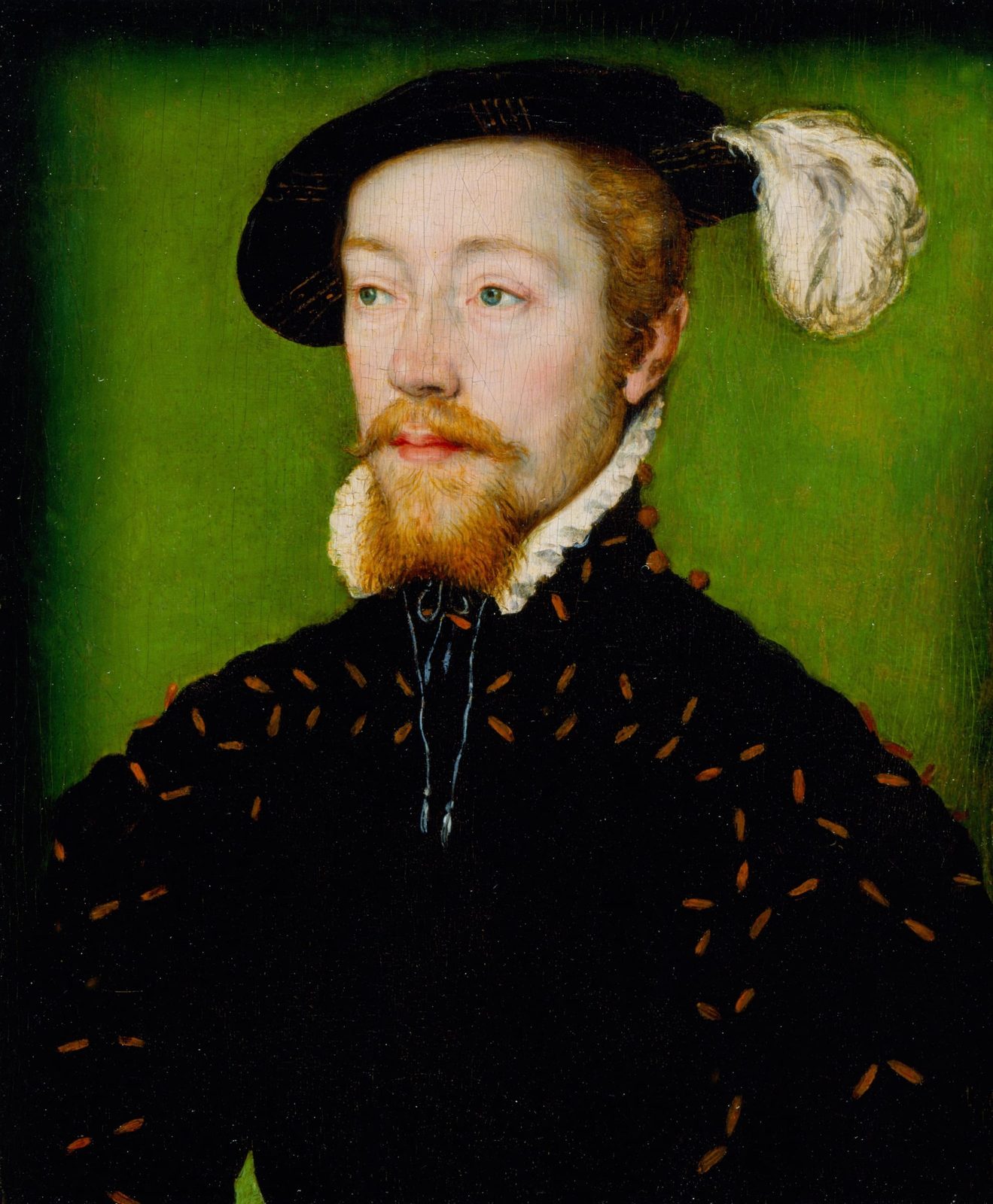 A portrait of a red-bearded man in a black cap with a white plume and a black slashed doublet.