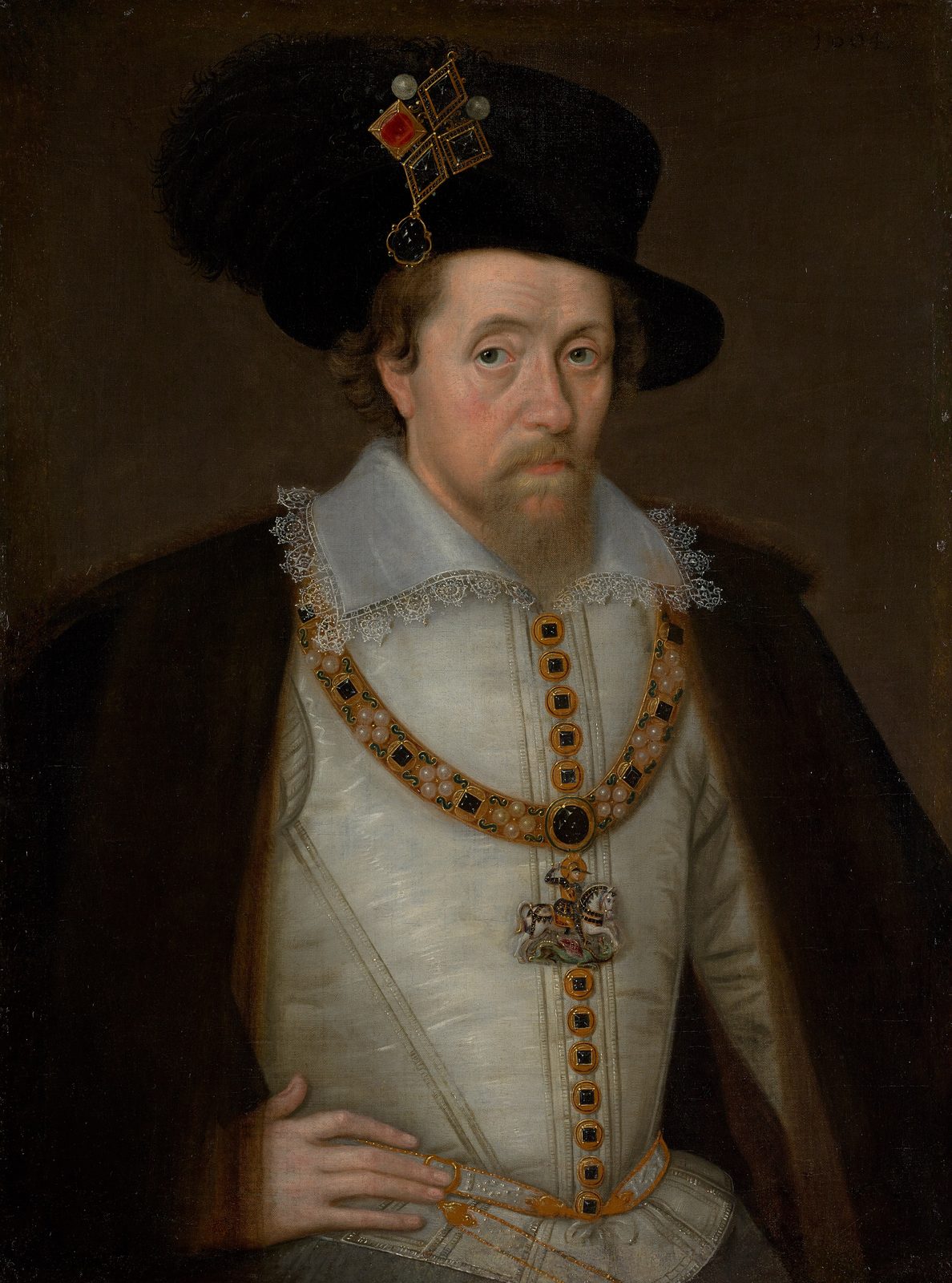 A portrait of a bearded man in a tall black hat with a jewel, a white doublet and a heavy chain.