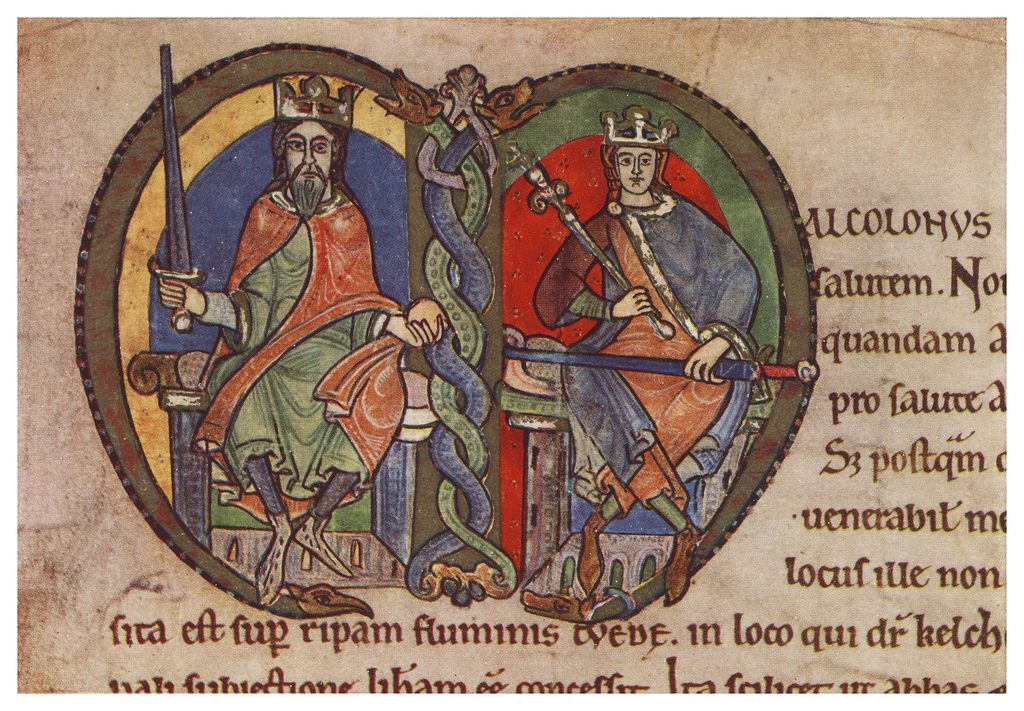 An illuminated initial letter enclosing two seated crowned kings, beside lines of Latin script.