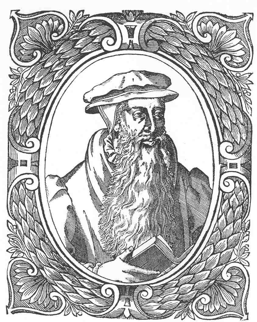 An engraved portrait of a bearded man in a cap, inside an ornamental oval frame.