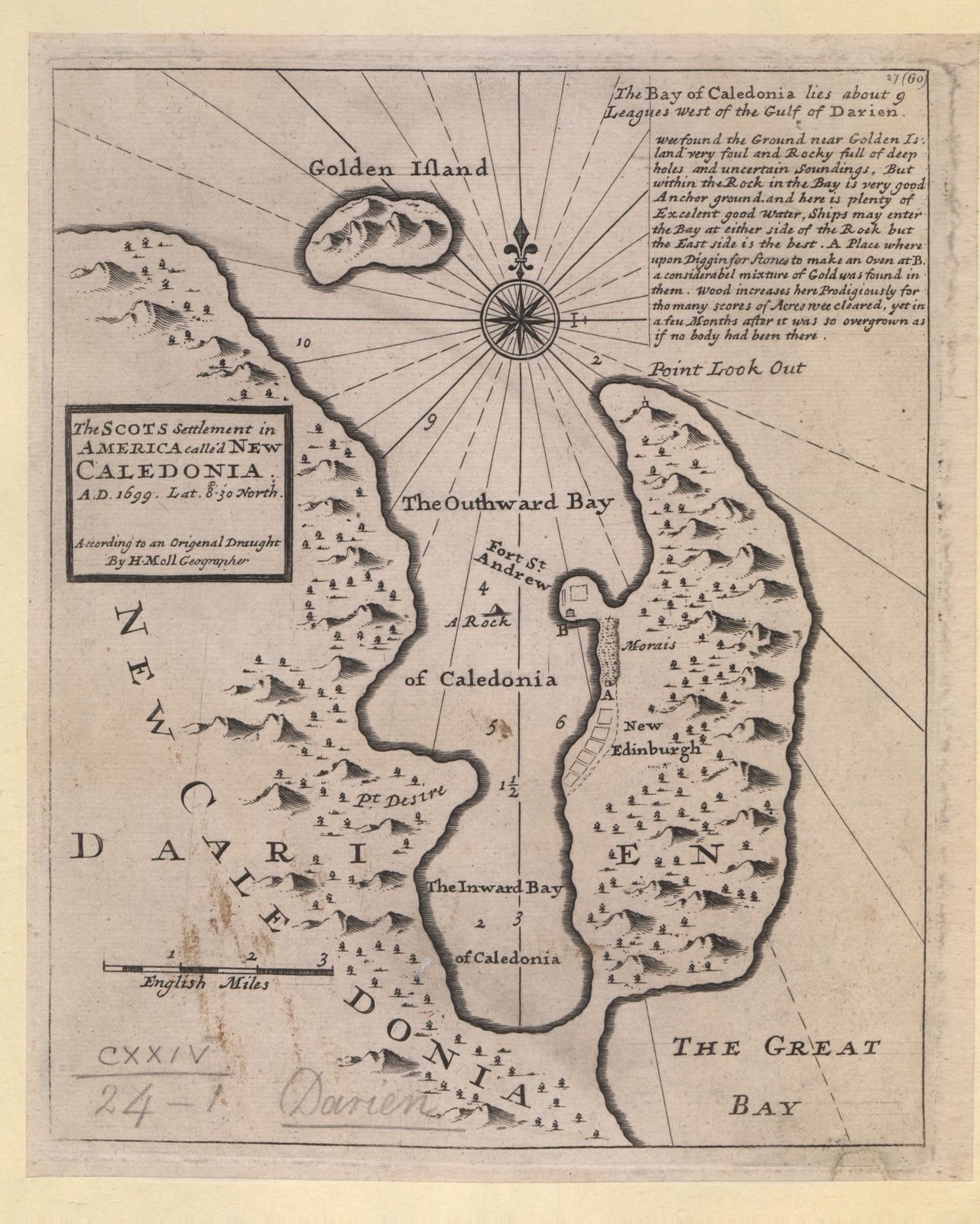 An engraved map of a bay and coastline, with an island marked Golden Island and a settlement on a peninsula.