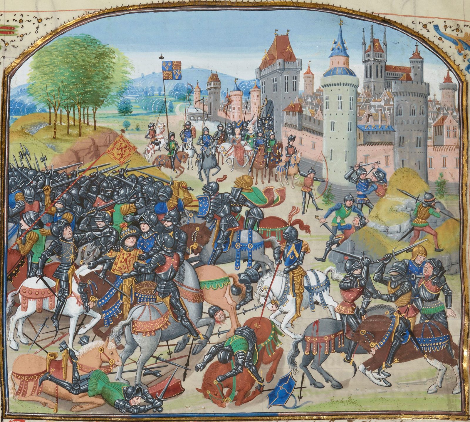 A crowded manuscript painting of armoured horsemen and footmen fighting before a walled town.