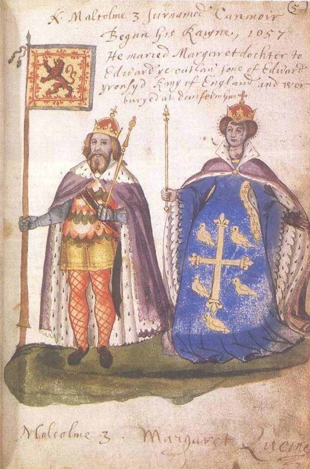 A painted armorial page showing a crowned king beside a lion banner and a crowned queen in a blue robe marked with a cross.