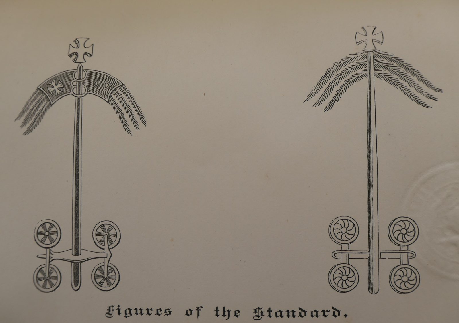 An engraving of two tall poles hung with banners and topped by crosses, each standing on a wheeled base.