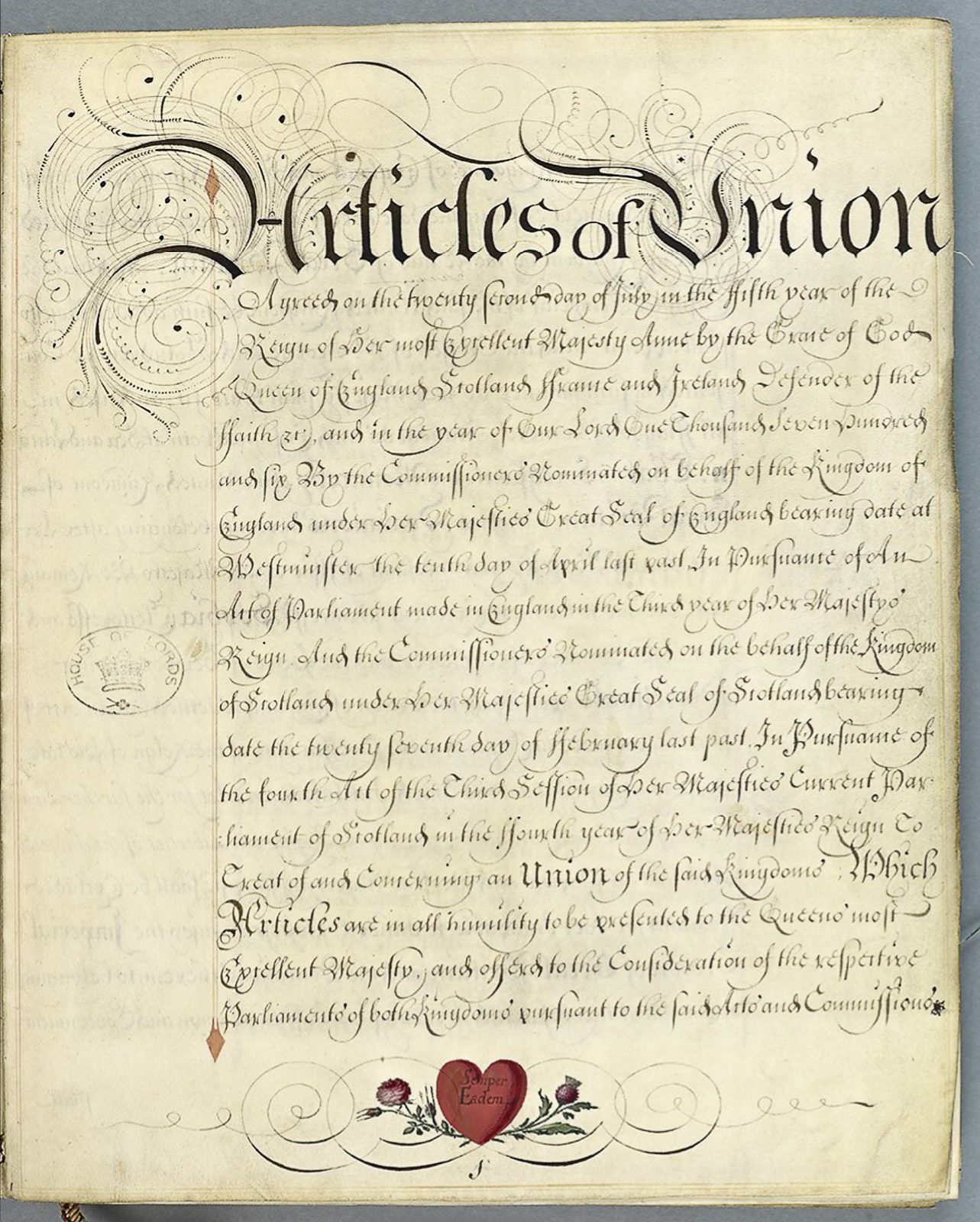 A manuscript page headed Articles of Union in ornate lettering, with a red heart device at its foot.