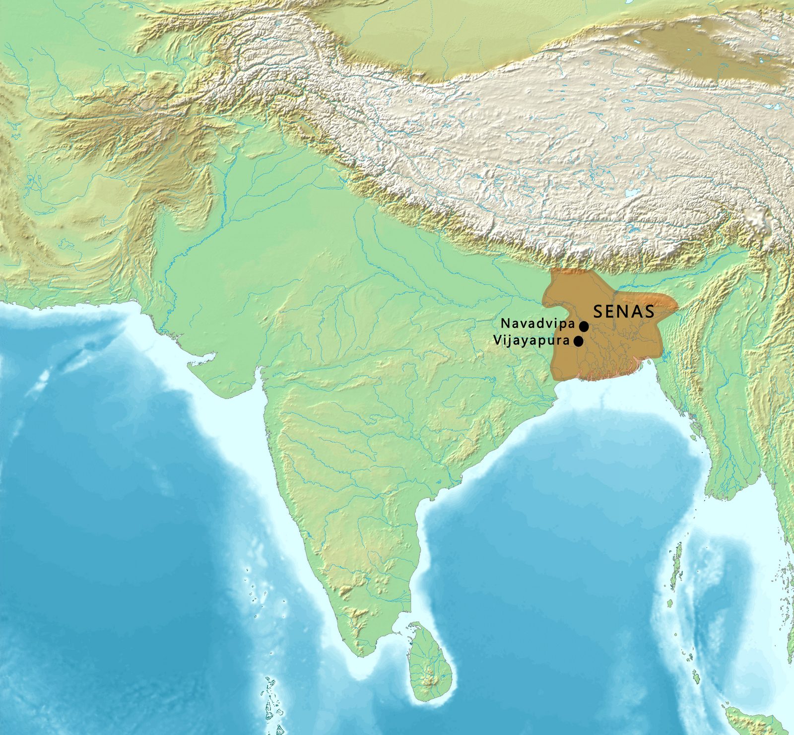 A relief map of South Asia with a small territory shaded in Bengal, with Navadvipa and Vijayapura marked.