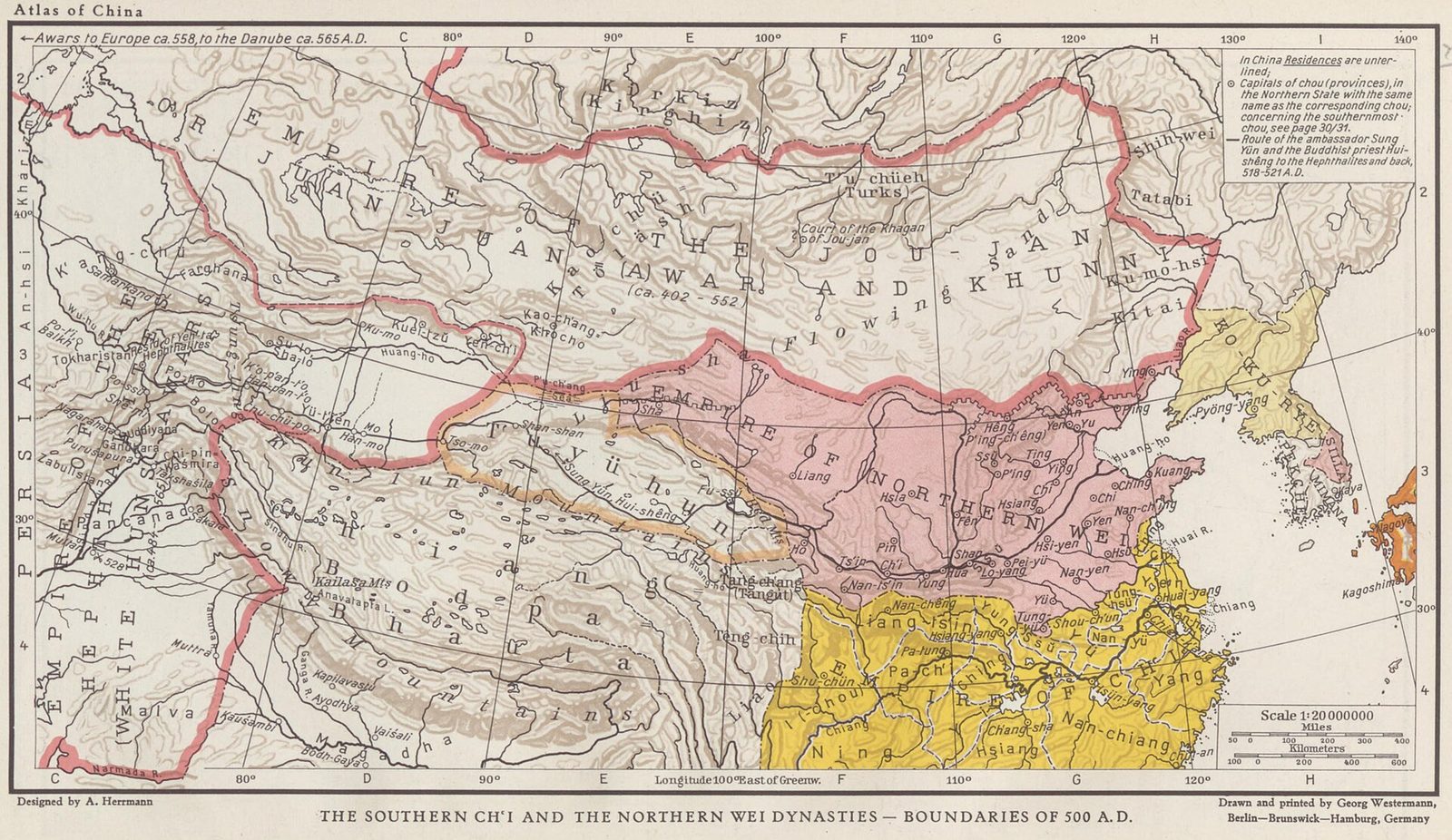 A printed historical map of China with the northern state coloured pink and the southern state yellow.