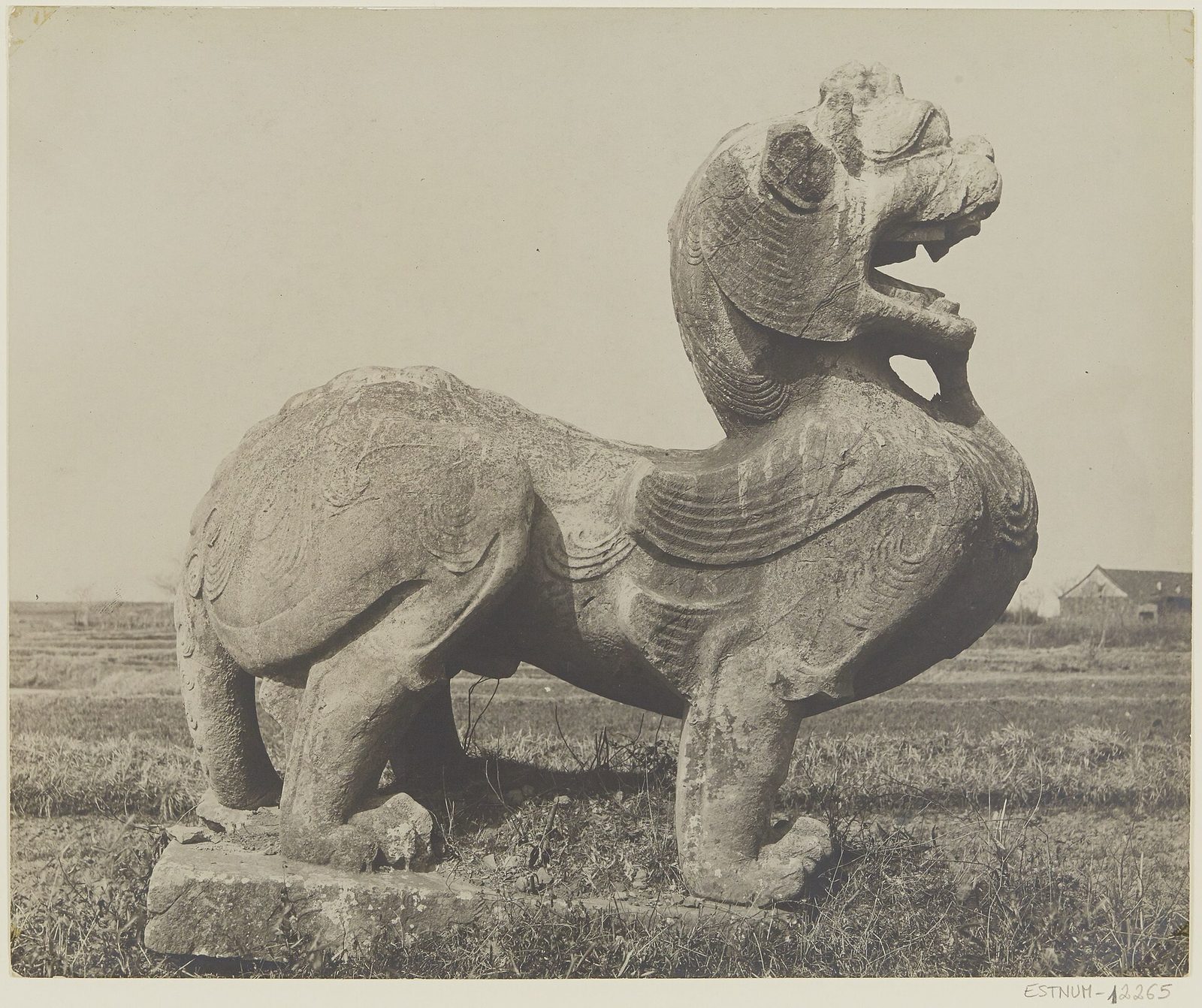 An old black-and-white photograph of a winged stone beast with an open mouth standing in a flat field.