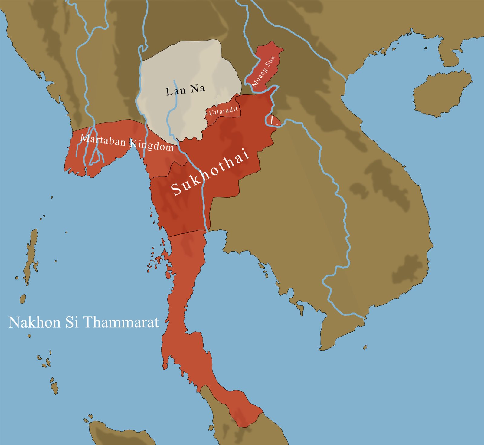 A map of mainland Southeast Asia shading Sukhothai's territory down the peninsula.