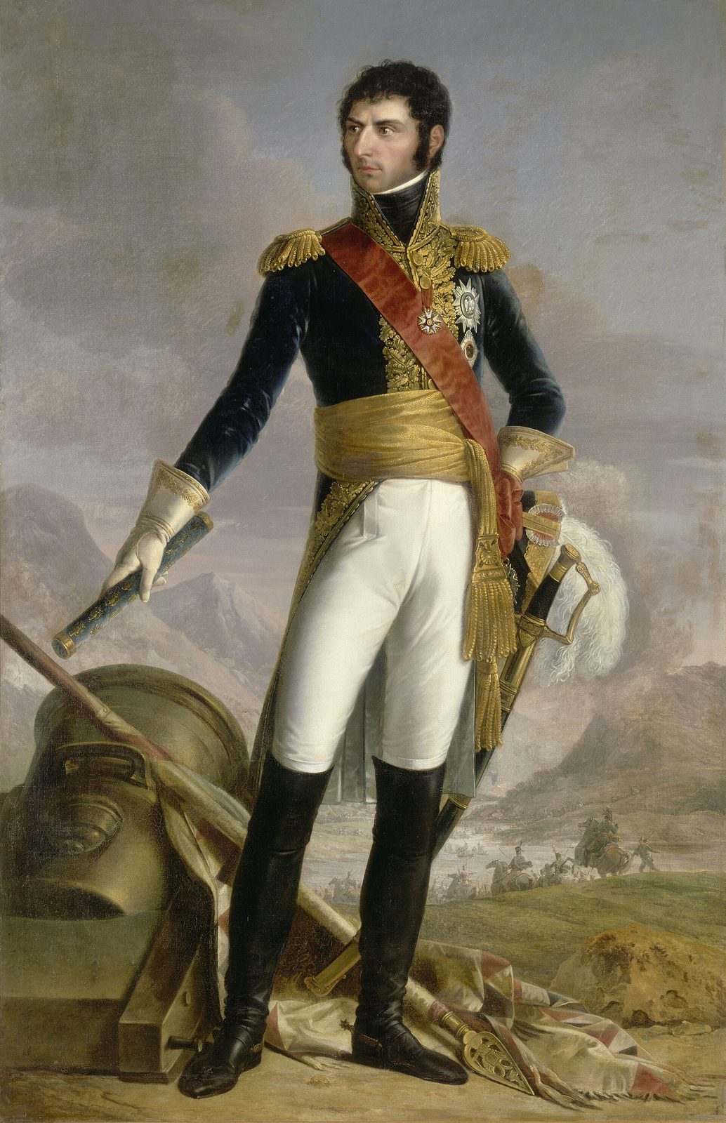 A full-length portrait of a dark-haired officer in a French marshal's uniform with a red sash, standing in a landscape.