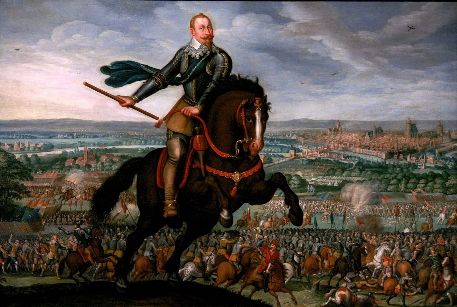 A painting of a king on a rearing horse holding a baton, armies drawn up across a wide plain behind him.