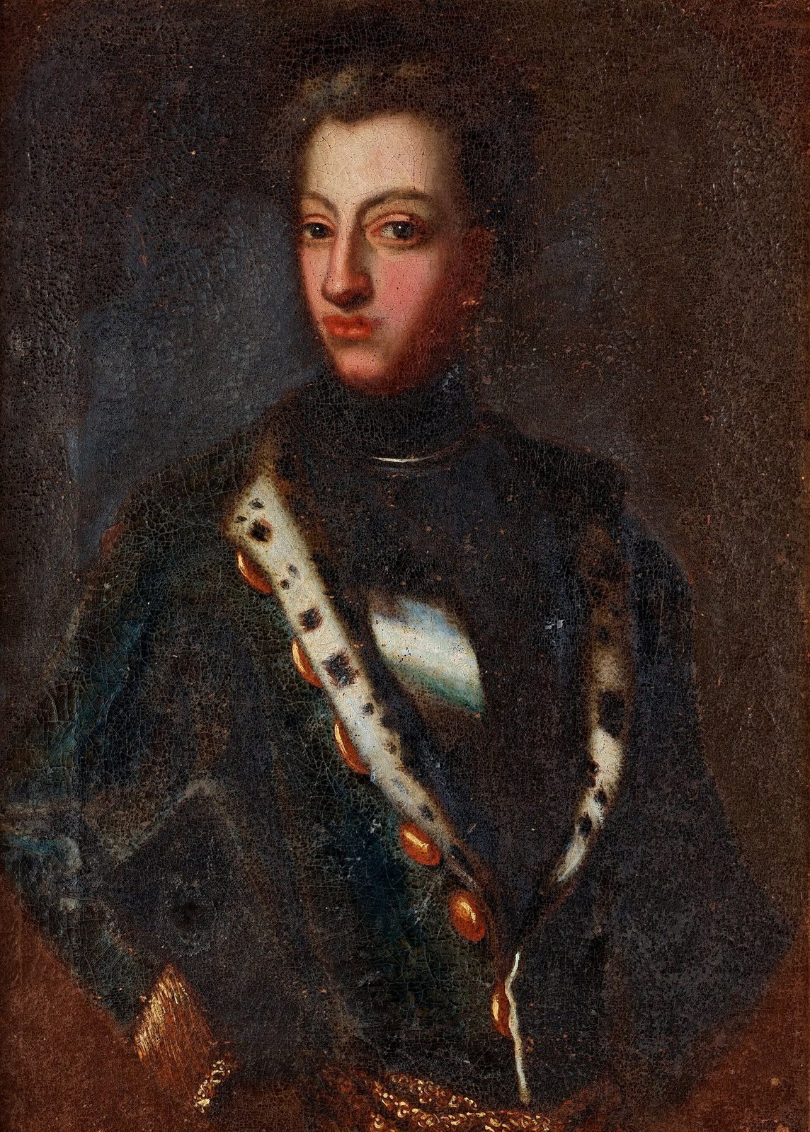 A portrait of a young man with long hair in an ermine-lined robe over armour.