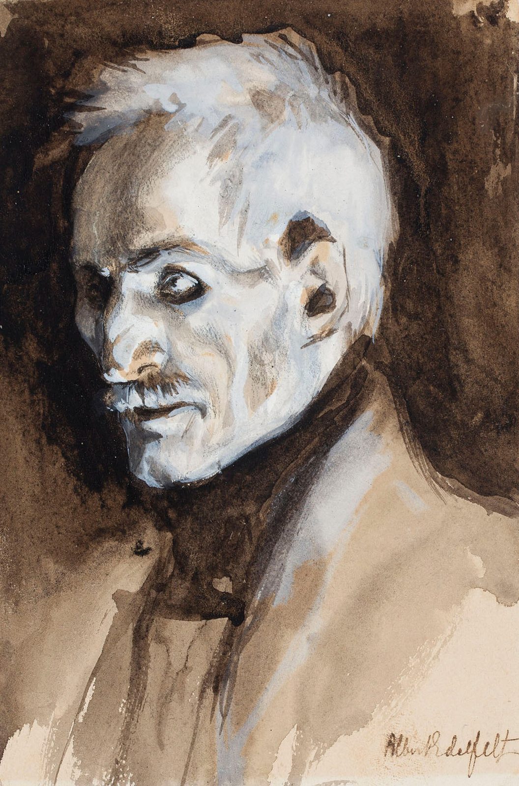 A watercolour head of a gaunt old soldier with white hair.