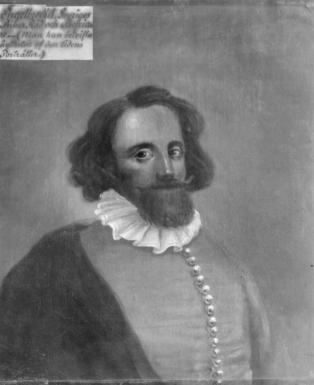 A grey monochrome portrait of a bearded man with a ruff collar and a buttoned doublet.