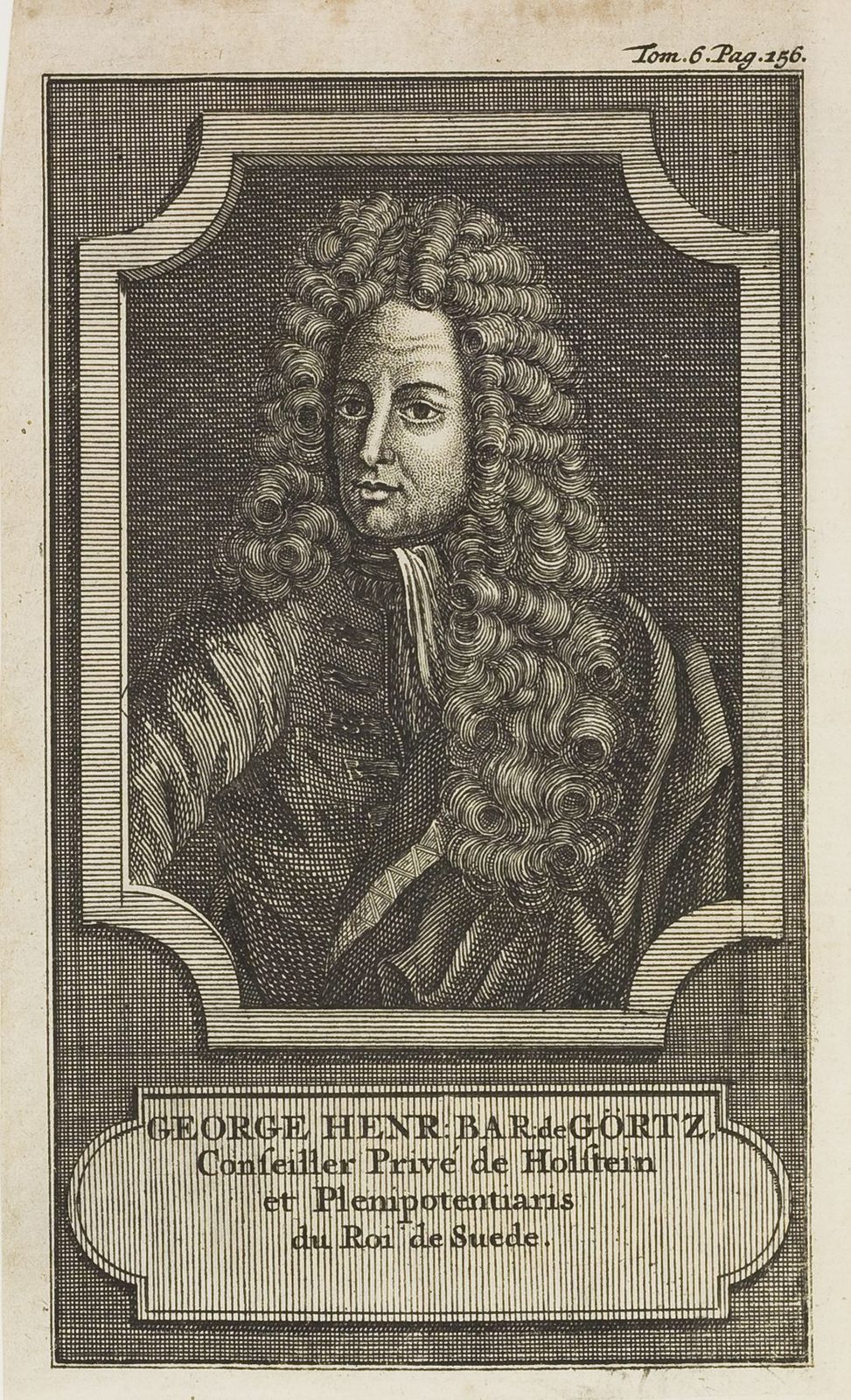An engraved portrait of a man in a full curled wig within an ornamental frame, a French inscription below.