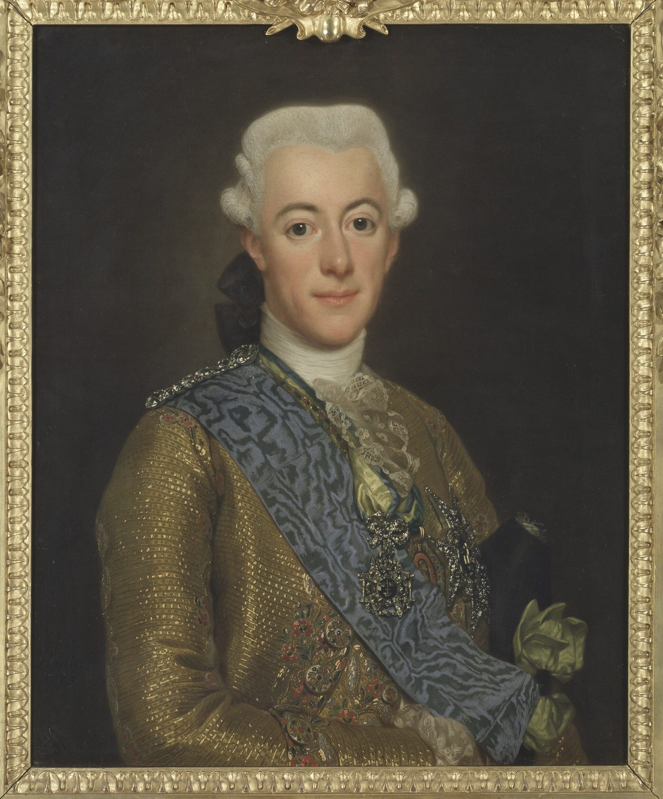 A portrait of a young king with powdered hair in a gold-embroidered coat and a blue sash.