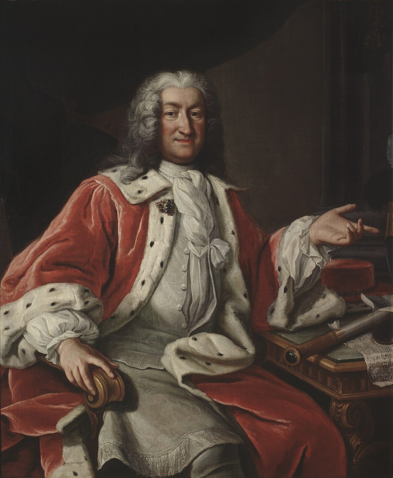 A portrait of an elderly man in a powdered wig and a red ermine-trimmed robe, seated at a desk with papers.