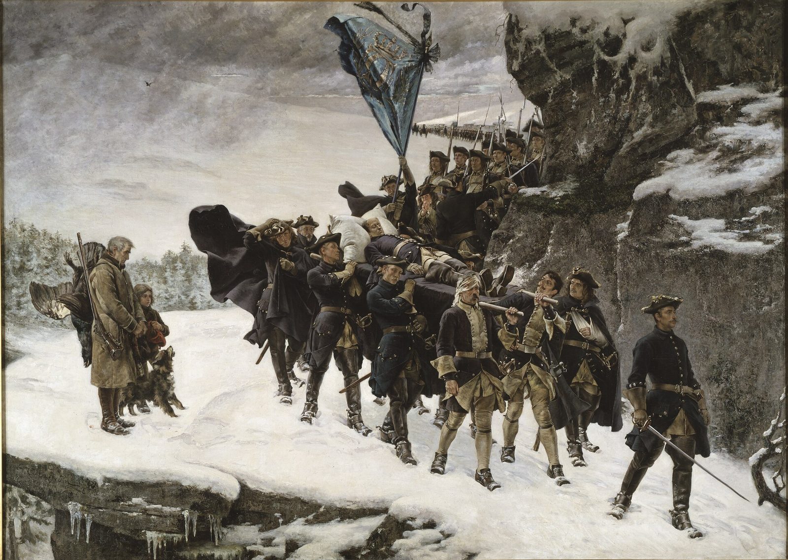 A painting of soldiers carrying a covered bier across rocky snow in a mountain pass, an officer walking ahead.