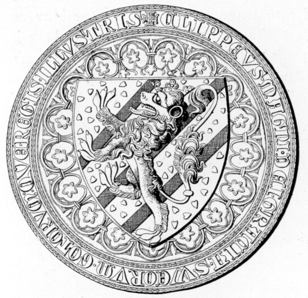 A drawing of a round seal showing a shield with a lion over diagonal bands, framed by a Latin legend.
