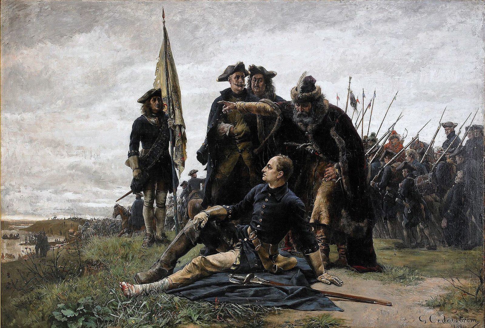 A painting of a pale young king lying wounded on a cloak on the grass, an old man in a fur hat bending over him and soldiers behind.