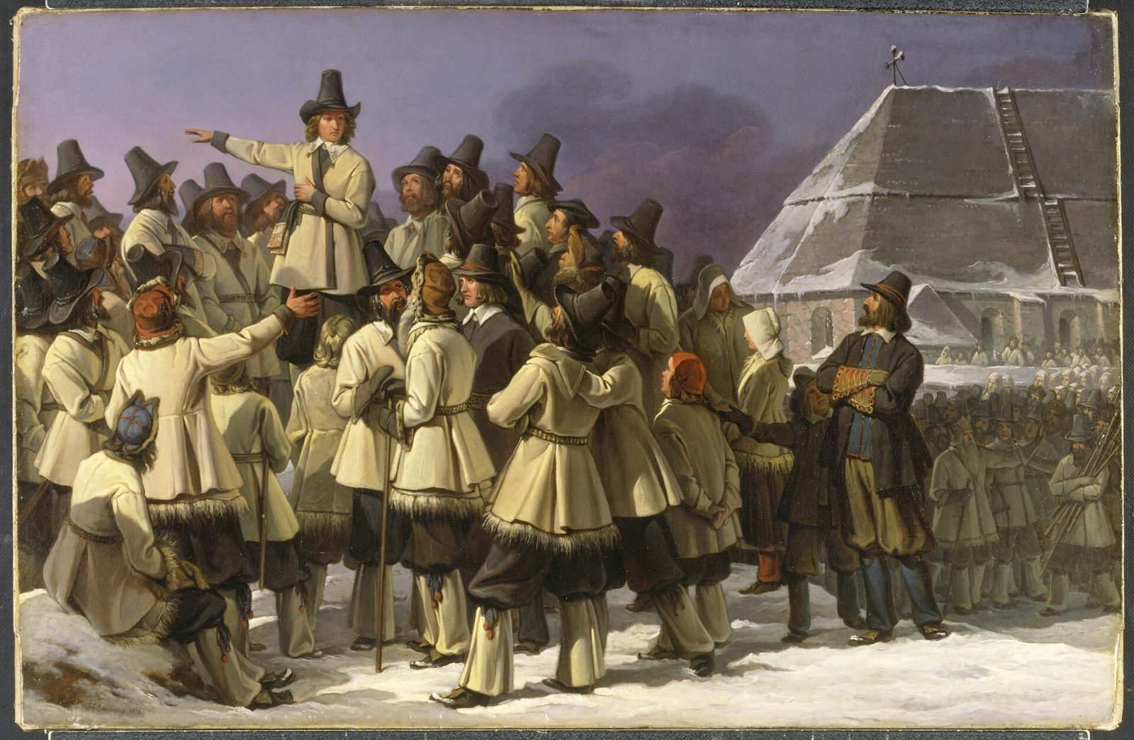 A painting of a young man standing on a rise addressing a crowd of peasants in pale coats and tall hats outside a snowy church.