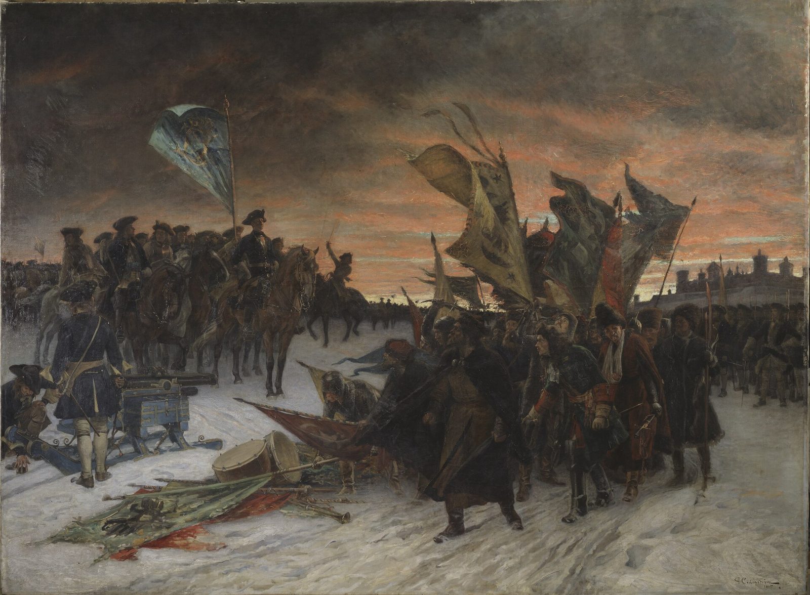 A painting of Swedish soldiers crossing a snowy field in a storm, captured flags and fallen men in the foreground.