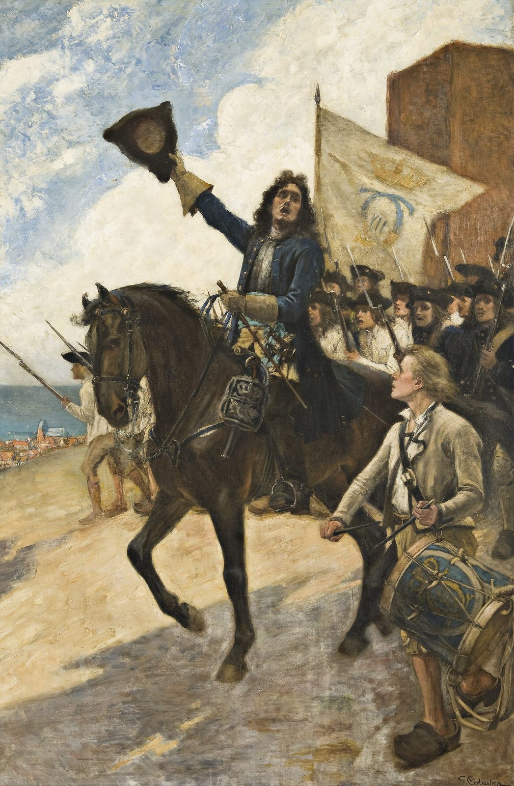 A painting of an officer on a dark horse waving his hat to cheering soldiers and a drummer boy.