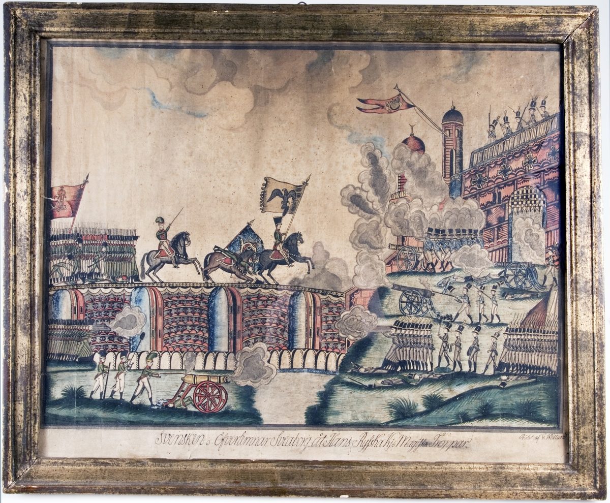 A framed print of soldiers marching out of a fortress while troops stand drawn up and horsemen ride by.