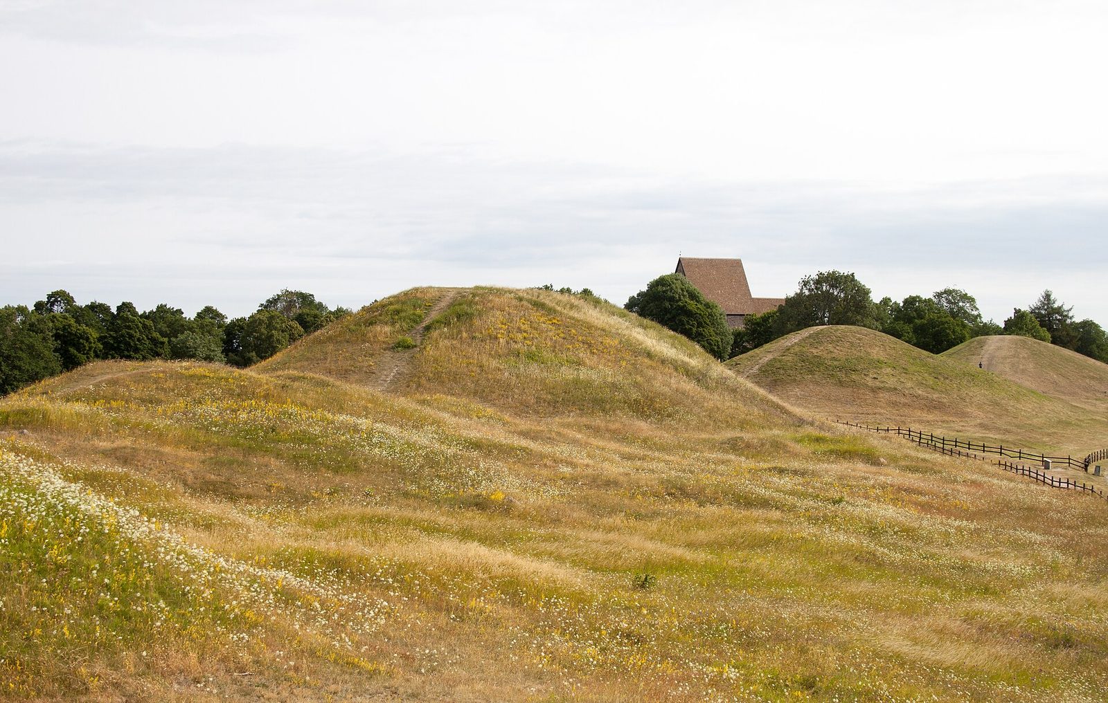 Grassy burial mounds rising from a meadow, a church roof showing among trees behind.