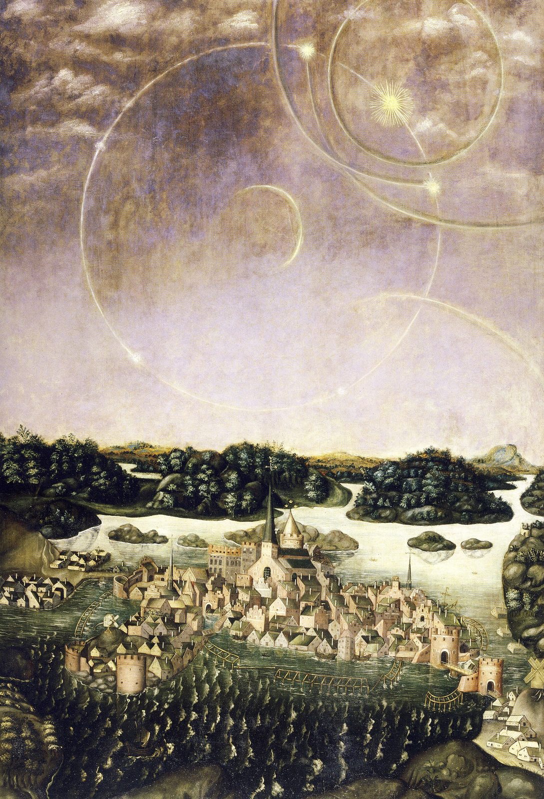 A painting of a walled town on islands under a pale sky crossed by rings and false suns.