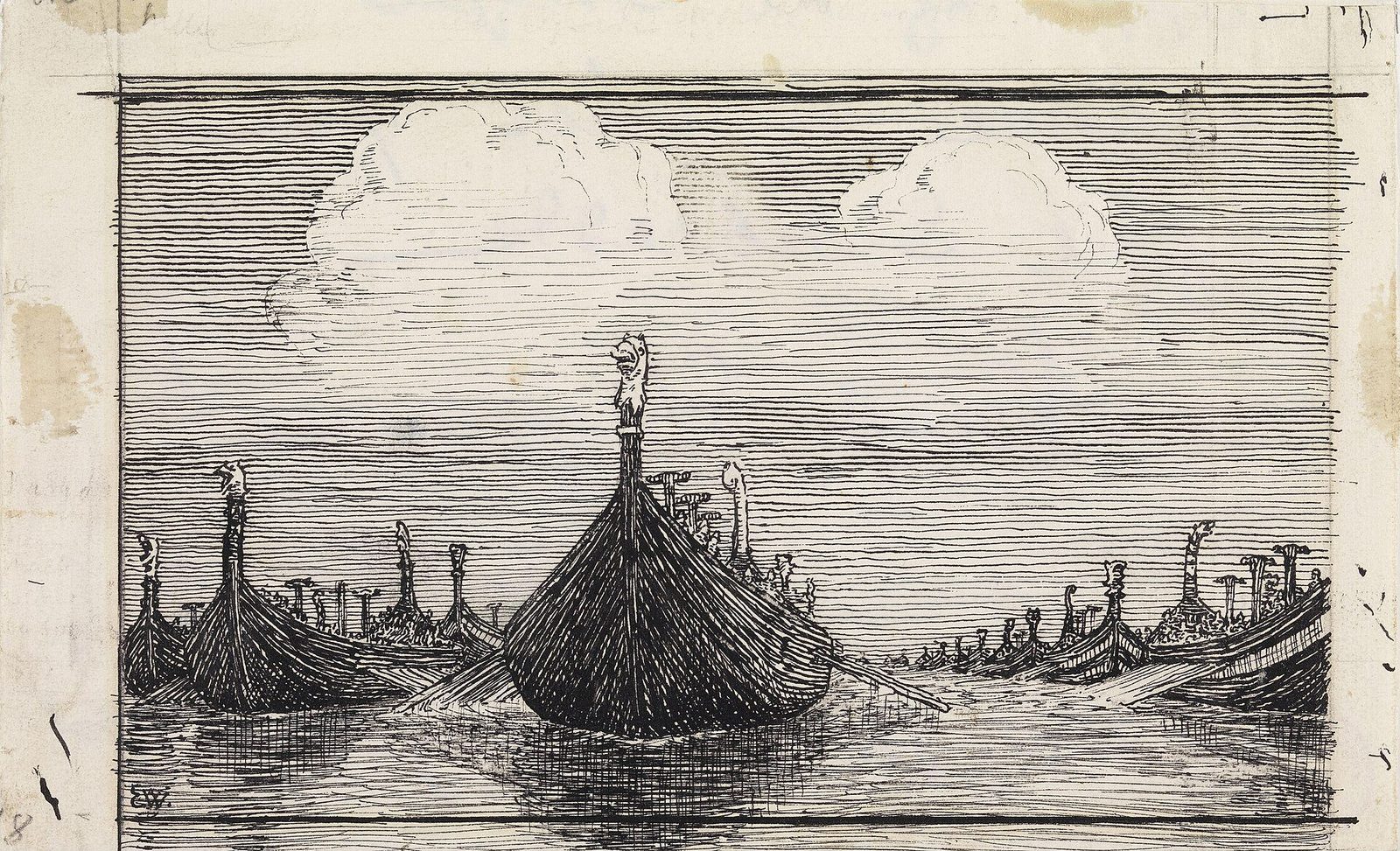 A pen drawing of a fleet of longships with dragon prows rowing towards the viewer across calm water.