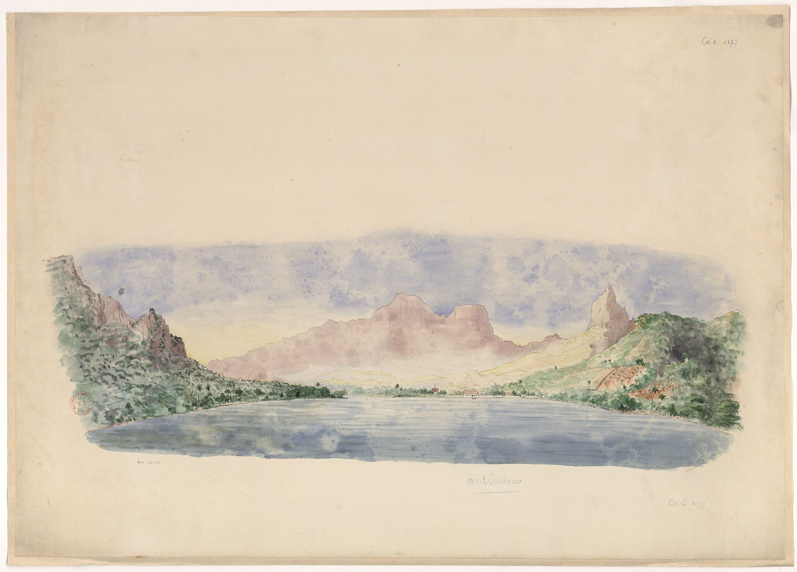 A watercolour of a deep bay between steep green peaks, with a few houses on the shore.