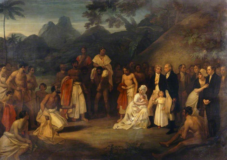 A painting of missionaries in dark coats, with wives and children, received by Tahitian chiefs under trees, mountains behind.